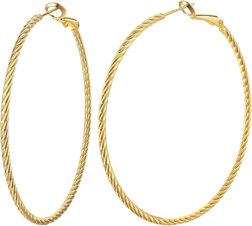 Big Hoop Earrings for Women Sterling Silver Post 14K Gold (White Gold/Rose Gold) Plated 50mm 60mm... | Amazon (US)