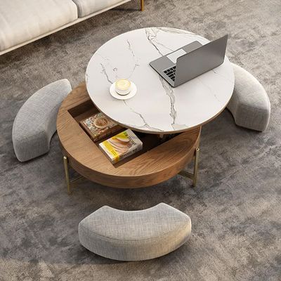 Modern Round Lift-Top Coffee Table Set with Storage & 3 Ottomans White & Walnut - Living Room Fur... | Homary.com