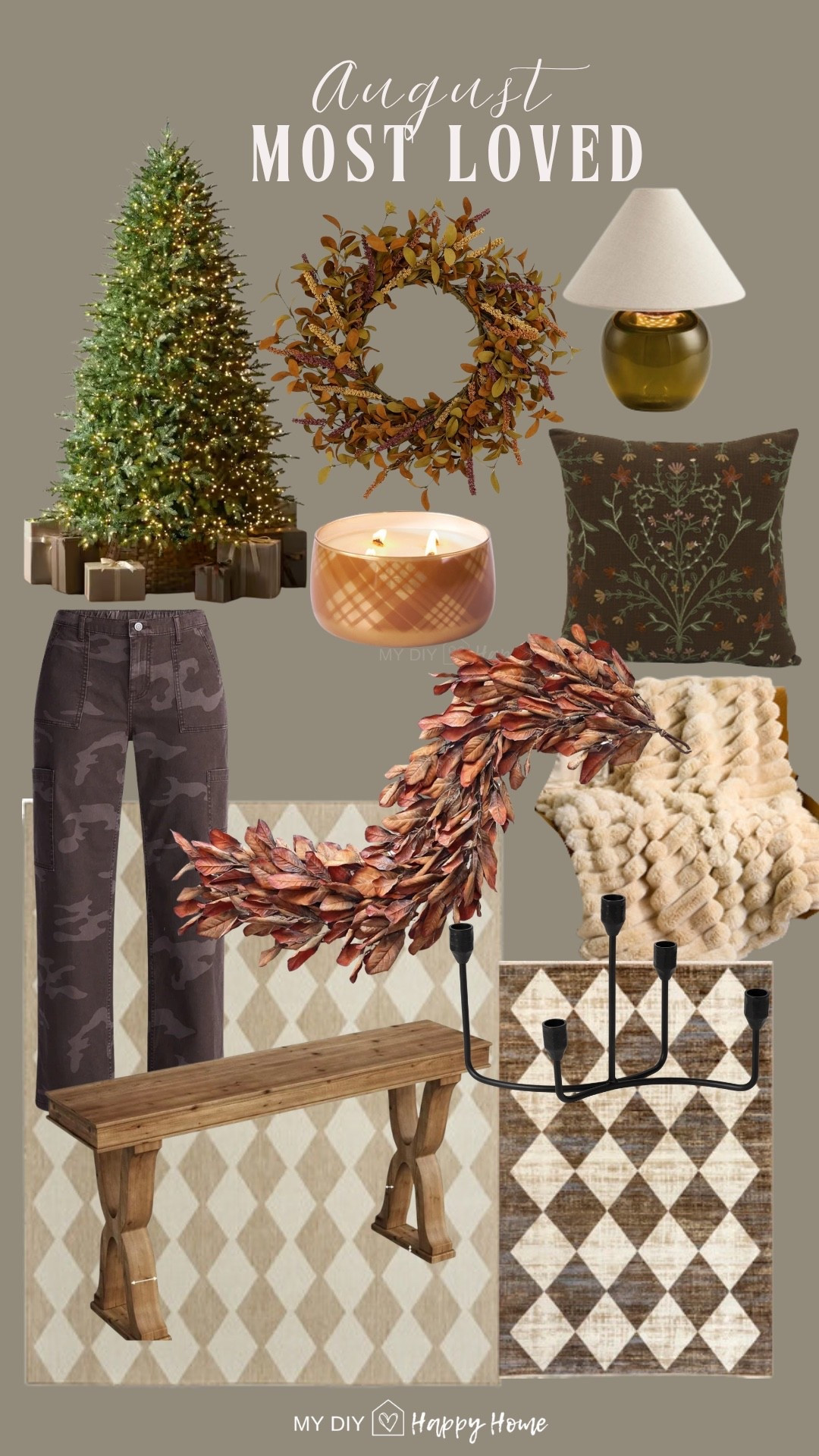 The most loved or August 

• Pre-Lit Christmas Tree
• Fall Floral Wreath
• Amber Glass Table Lamp
• Fall Embroidered Pillow
• Plaid Fall Candle
• Camo Cargo Pants
• Fall magnolia Leaf Garland
• faux fur Throw Blanket
• Neutral outdoor checked Rug
• Wood entry table 
• Brown checker Rug
• Black Candelabra

#LTKSeasonal #LTKHome