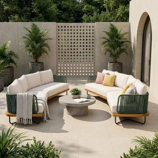 Krisalyn 4-Piece Solid Wood Patio Conversation Set with Gray Rope and Beige Cushions | The Home Depot