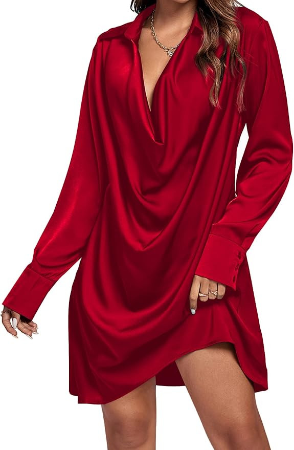 LYANER Women's Satin Collar V Neck Drape Ruched Front Flowy Long Sleeve Short Mini Dress | Amazon (US)