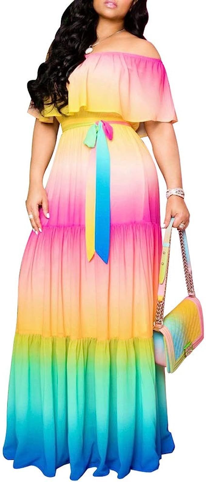 IyMoo Womens Sexy Chiffon Sundress Off Shoulder Ombre Tie Dye Pleated Skirts Long Boho Beach Maxi... | Amazon (US)