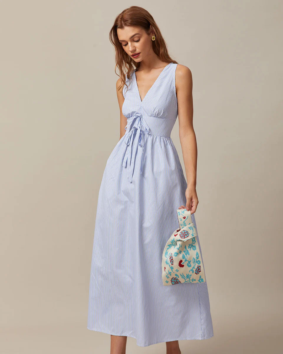 The Blue V Neck Shirred Striped Maxi Dress | rihoas.com