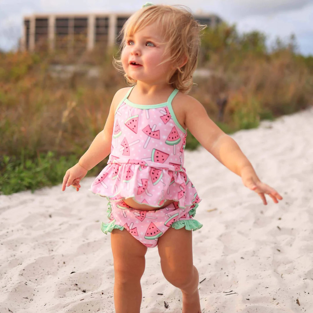 Two Piece Strappy Tankini with Ruffle Bottom | Watermelon Cutie | Caden Lane