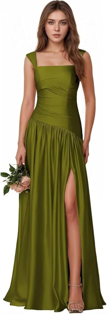 Satin Bridesmaid Dresses Square Neck Formal Evening Gowns for Women Long Wedding Guests Dress wit... | Amazon (US)