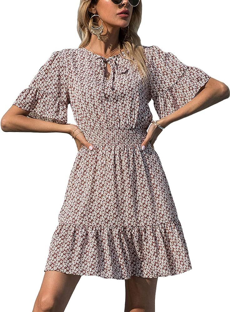 PRETTYGARDEN Women's Summer Boho Dress Casual Short Sleeve Tie V Neck Ruffle Floral Print Mini Sk... | Amazon (US)