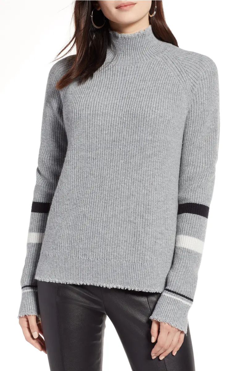 Halogen® Stripe Sleeve Frayed Edge Sweater (Regular & Petite) | Nordstrom