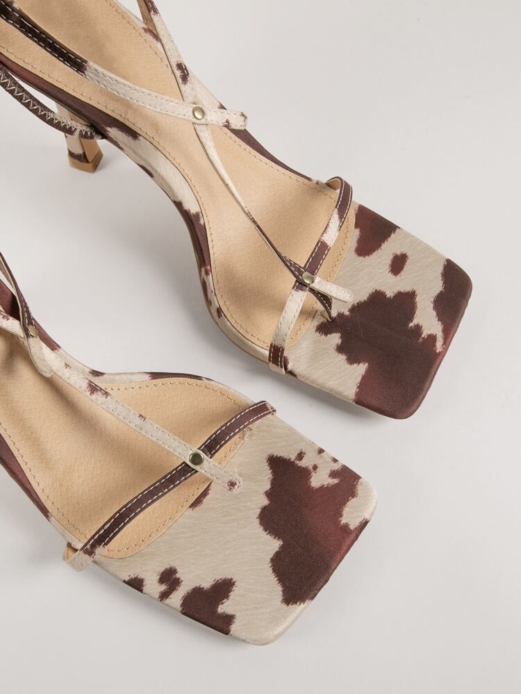 Cow Print Faux Leather Square Toe Stiletto Heels | SHEIN
