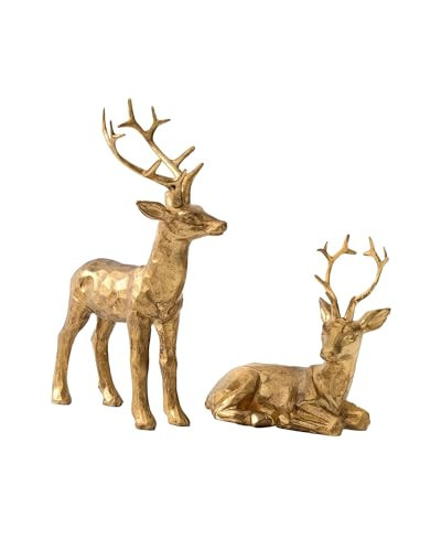 DN DECONATION 2PCS Christmas Resin Reindeer Figurines Small Gold Deer Decorative Statues Resting Lucky Deer Sculptures for Indoor Home Decor Tabletop Mantle Cabinet Desktop Office | Amazon (US)