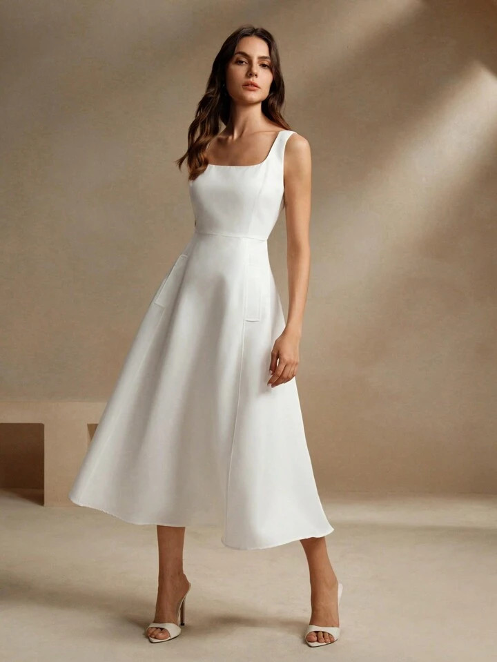 Anewsta French Style White Square Neck Camisole A-Line Waisted Slim Dress Maxi Women Outfit | SHEIN