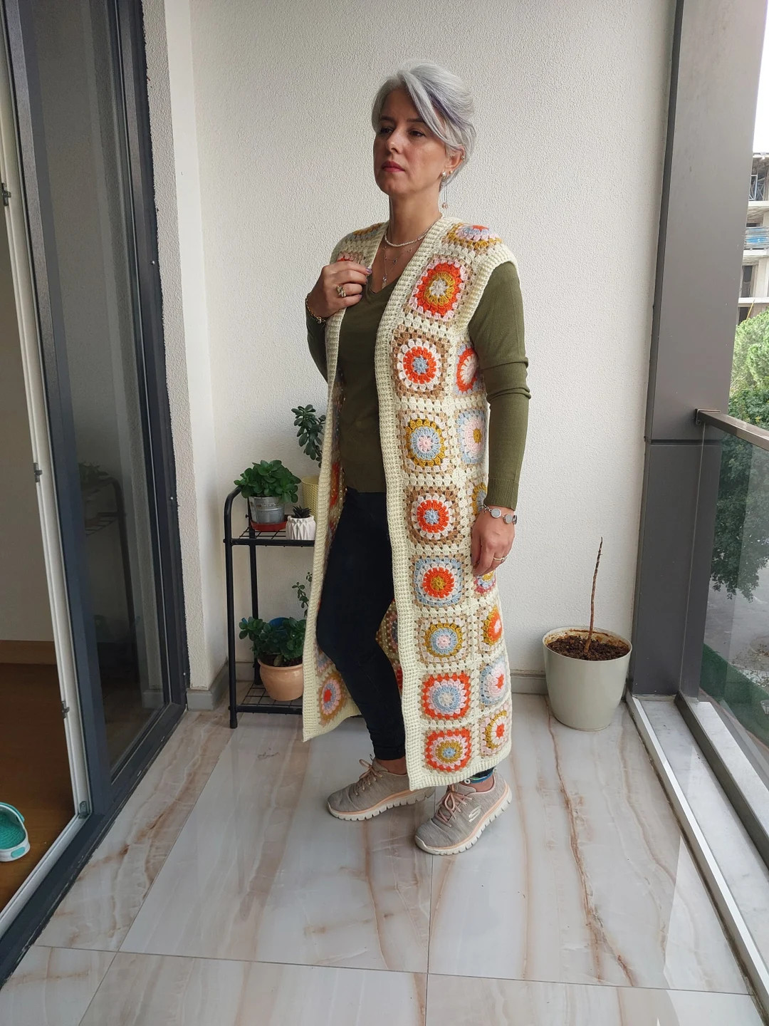 Granny square long waistcoat, angora yarn, vest for women | Etsy (US)