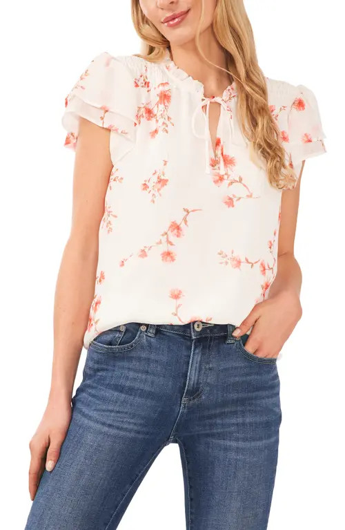 CeCe Tie Neck Smocked Shoulder Floral Print Blouse in Soft Ecru at Nordstrom, Size Medium | Nordstrom