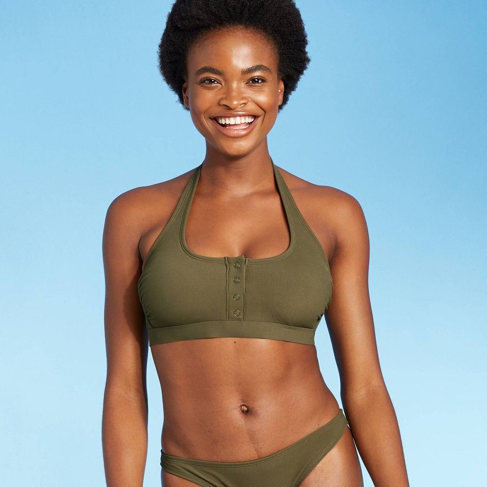 Juniors' Ribbed Button-Front Halter Bikini Top - Xhilaration Olive Green D/DD Cup | Target