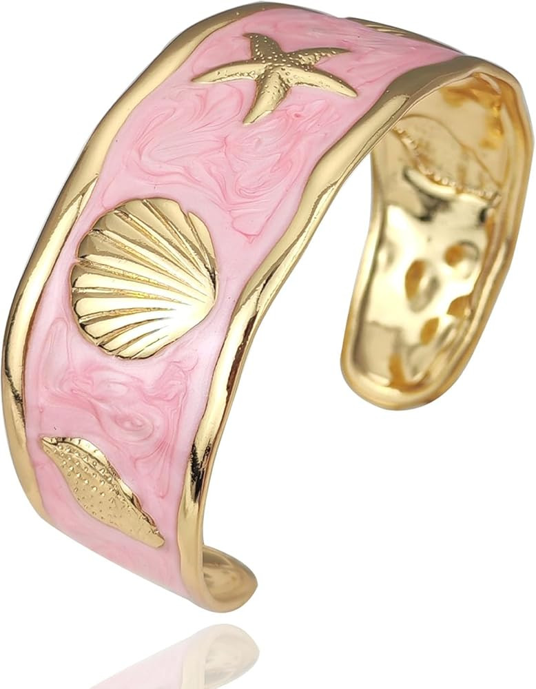 YBMYCM Chunky Shell Cuff Bracelet for Women, Hammered Boho Open Bangle | Amazon (US)