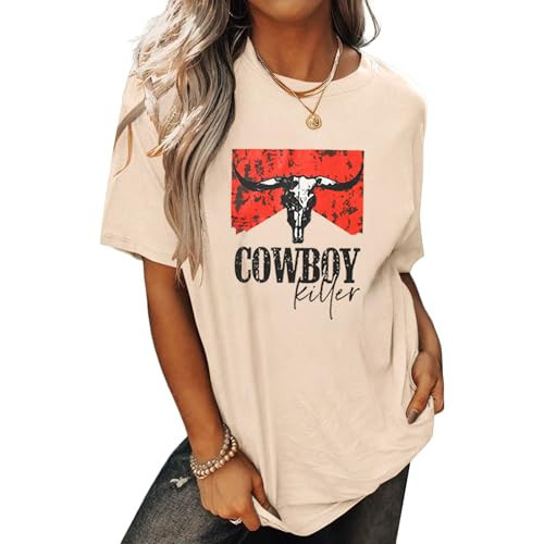 Cowboy Shirts for Women Western Vintage Rodeo T-Shirt Retro Bull Skull Graphic Tees Summer Casual Short Sleeve Tops(Apricot-21,S) | Amazon (US)
