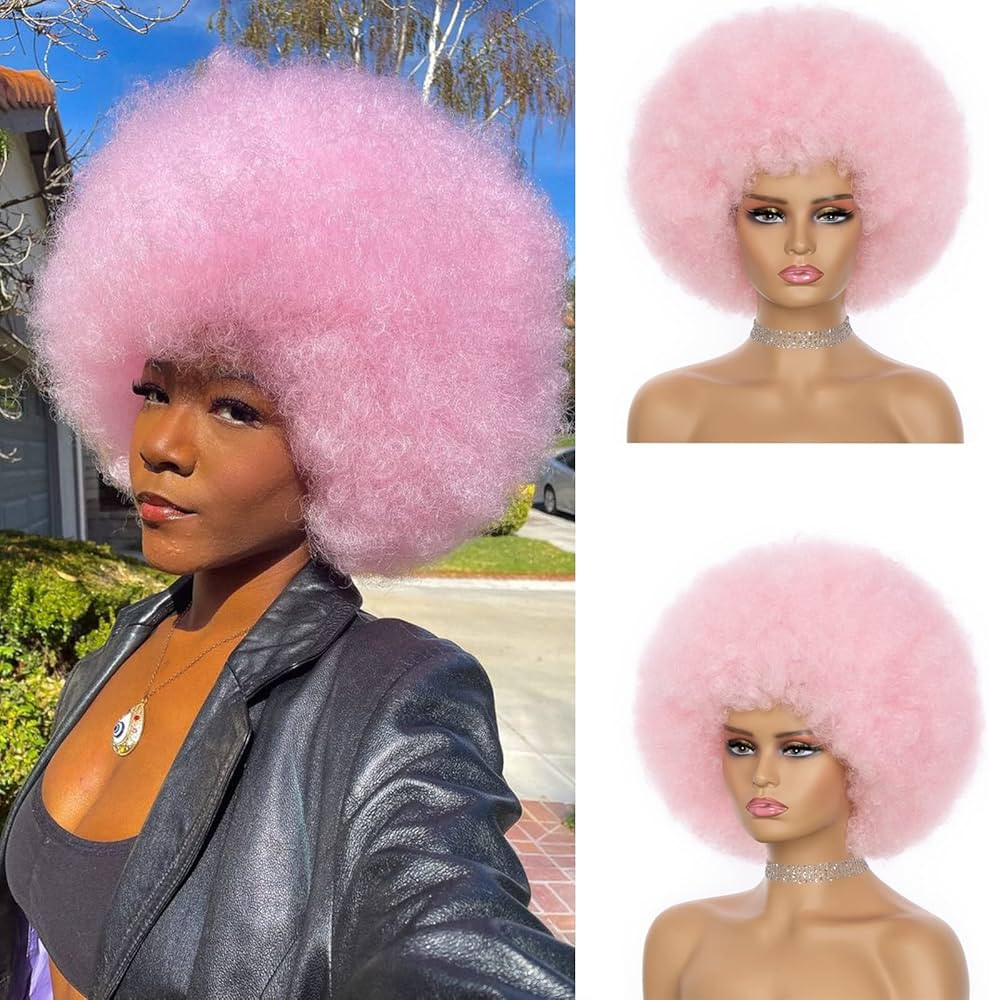 Pink 70s Afro Kinky Curly Wig For Women - Soft, Bouncy, Natural Looking Synthetic Hair Wig With B... | Amazon (US)