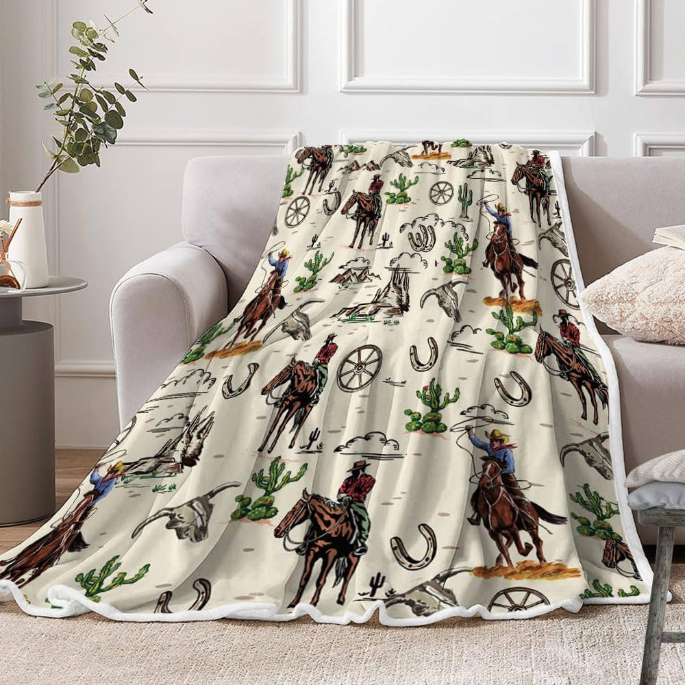 Western Cowboy Fleece Throw Blanket for Couch, Sofa, Farmhouse Country Southwestern Cactus Blanke... | Amazon (US)