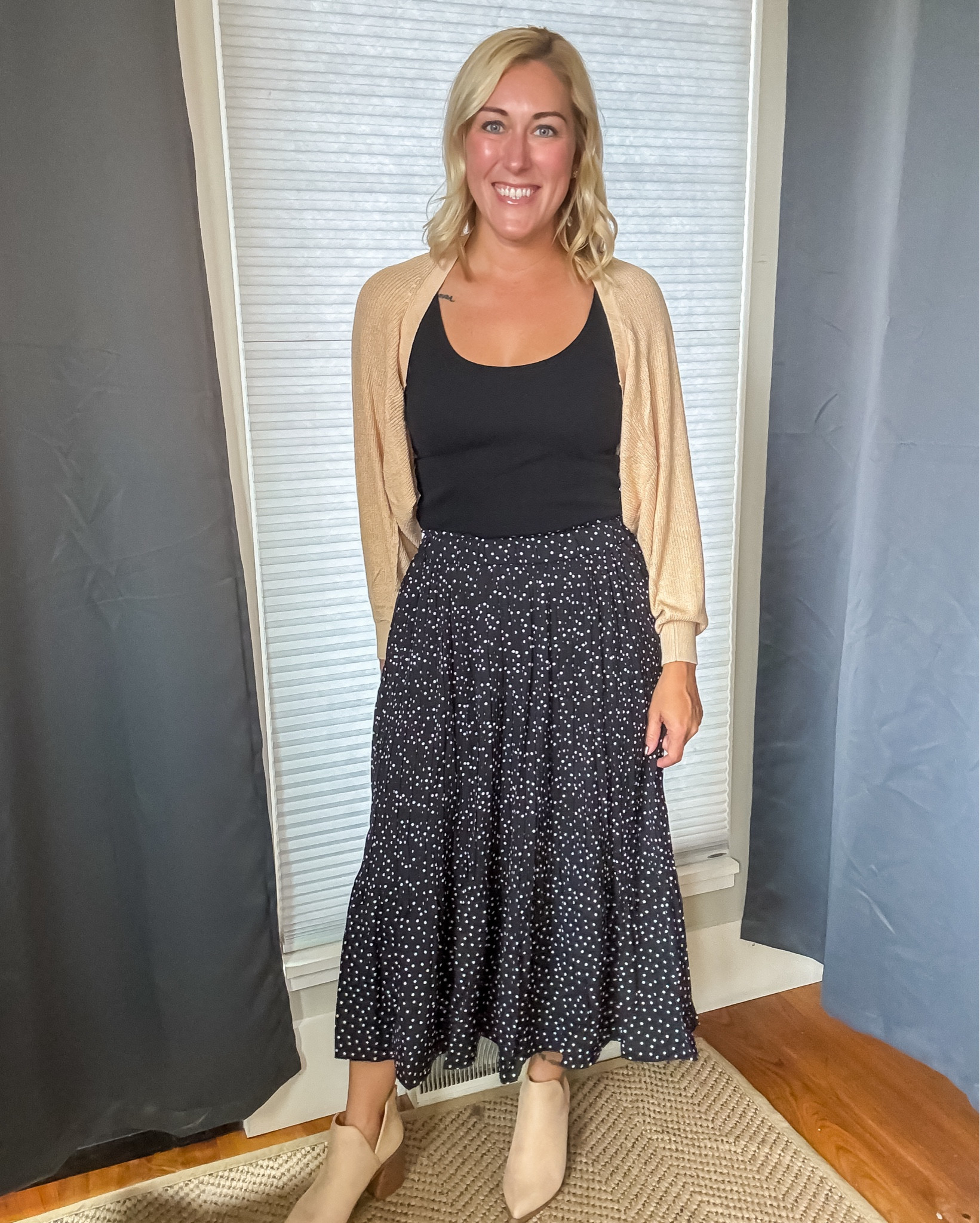 I love the look of this shrug type cardigan paired with my floral ruffle midi skirt! Such a cute and easy look for any occasion. Goes perfectly with my suede ankle boots for fall. 🍁