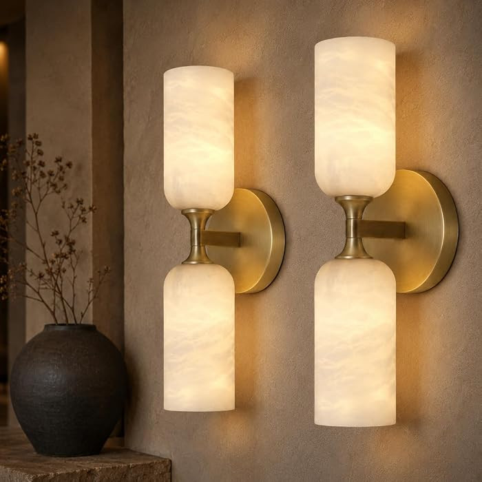 Gold Alabaster Wall Sconces Set of 2, 14in Spanish Natural Marble Sconce, Modern Stone Wall Light... | Amazon (US)