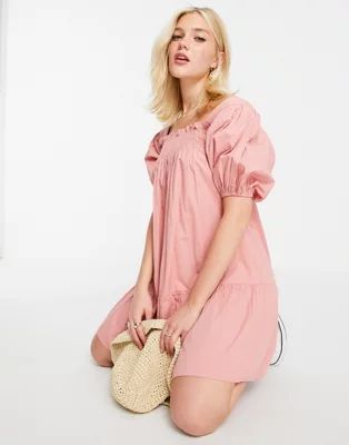 Influence puff sleeve cotton poplin mini dress in pink | ASOS (Global)