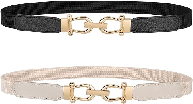 JASGOOD Women Skinny Elastic Belt for Dresses,Thin Retro Stretch Waist Belt with Golden Buckle 2 ... | Amazon (US)