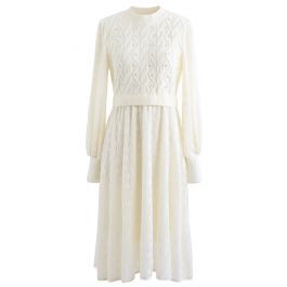 Spliced Knit Lacy Pearly Midi Dress in Cream | Chicwish