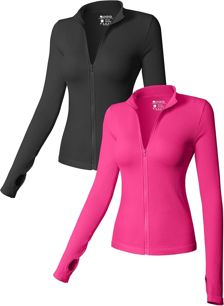 OQQ Womens 2 Piece Long Sleeve Tops Stand Neck Front Zipped Stretch Fitted Underscrubs Tee Shirts... | Amazon (US)