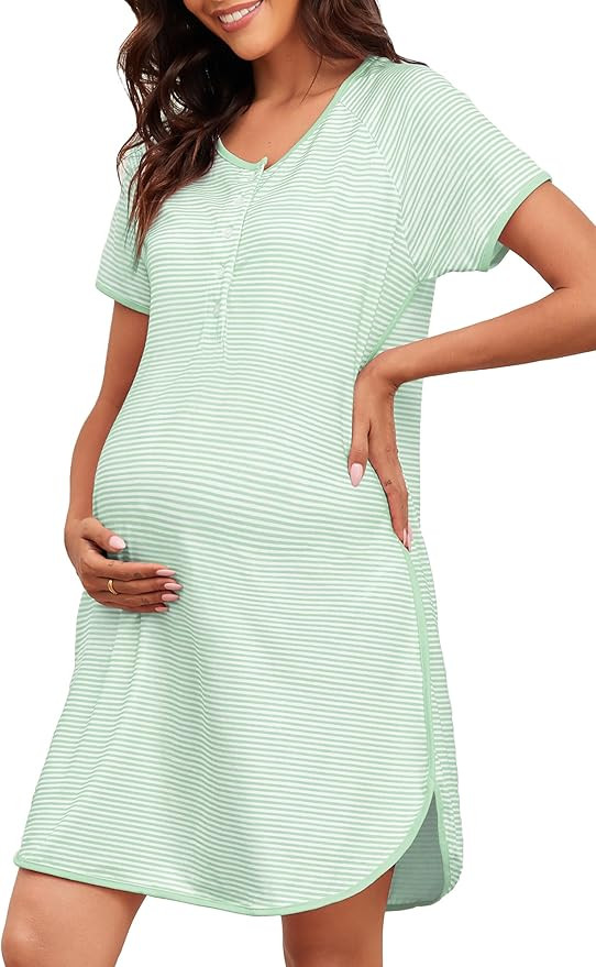 Stripe Maternity Nursing Nightgowns Women Buttons Pregnancy Short Sleeve Nightdress Soft Side Spl... | Amazon (US)