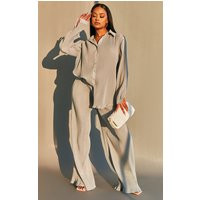 Light Grey Plisse High Waisted Wide Leg Pants | PrettyLittleThing CAN