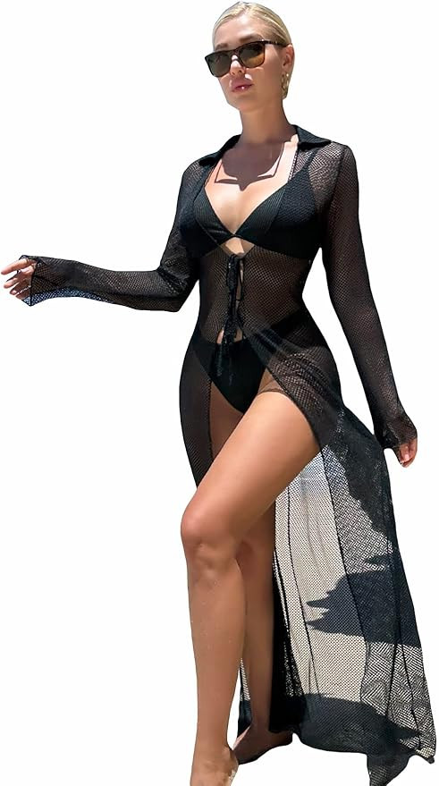 Verdusa Women's Tie Front Sheer Swimsuit Cover Ups Long Beach Kimono Cardigan | Amazon (US)