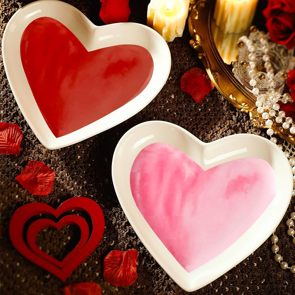 2 Pcs Valentine's Day Heart Shaped Plates 7.3 Inch Ceramic Dessert Salad Bowls Dinner Dishes Wate... | Amazon (US)