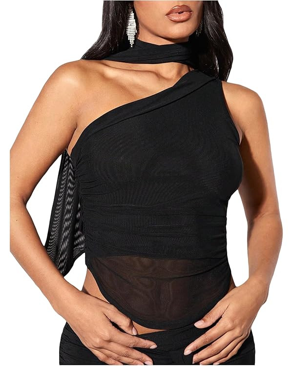 MakeMeChic Women's Ruched Asymmetrical Neck Sheer Mesh Sleeveless Crop Camisole Summer Shirt Tops | Amazon (US)