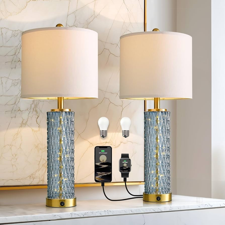 Oneach 27.75” Table Lamps Set of 2, Blue Modern Bedside Lamp with LED Night Light, USB A+C, Gla... | Amazon (US)