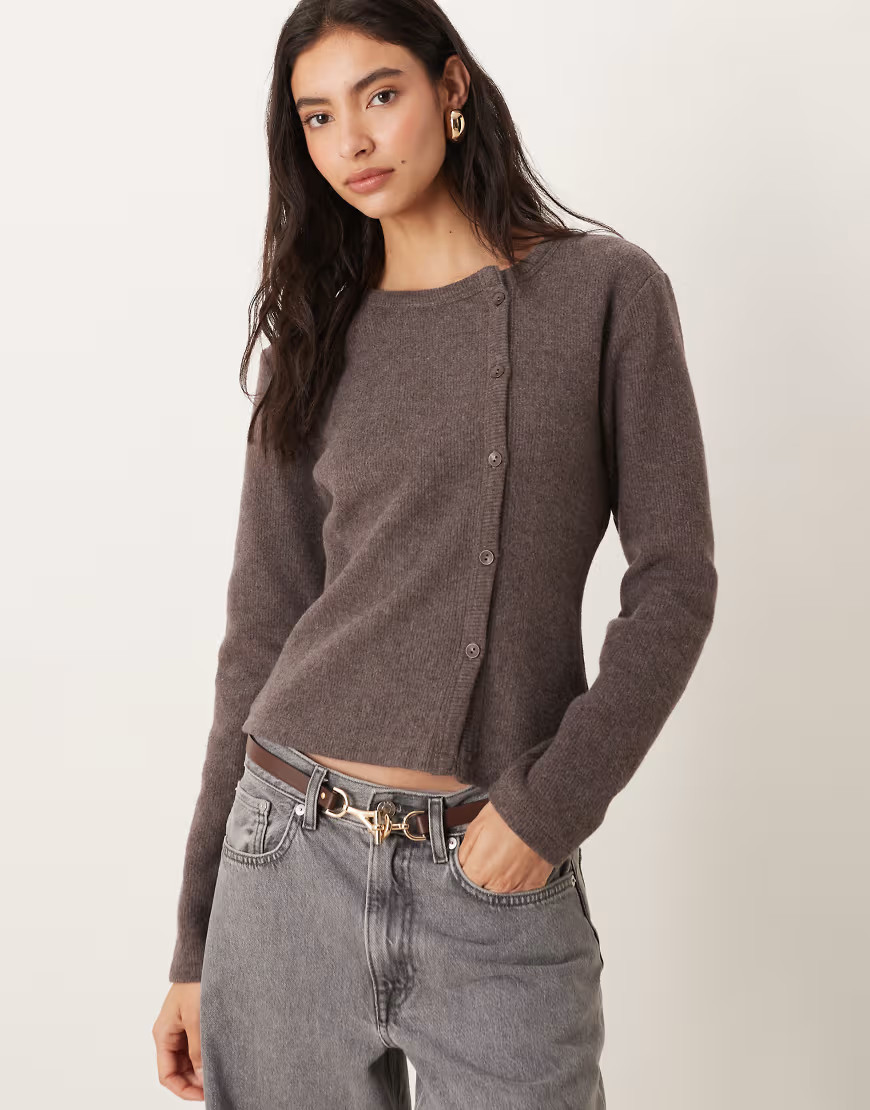 ASOS DESIGN asymmetric placket button up super soft top in brown | ASOS (Global)