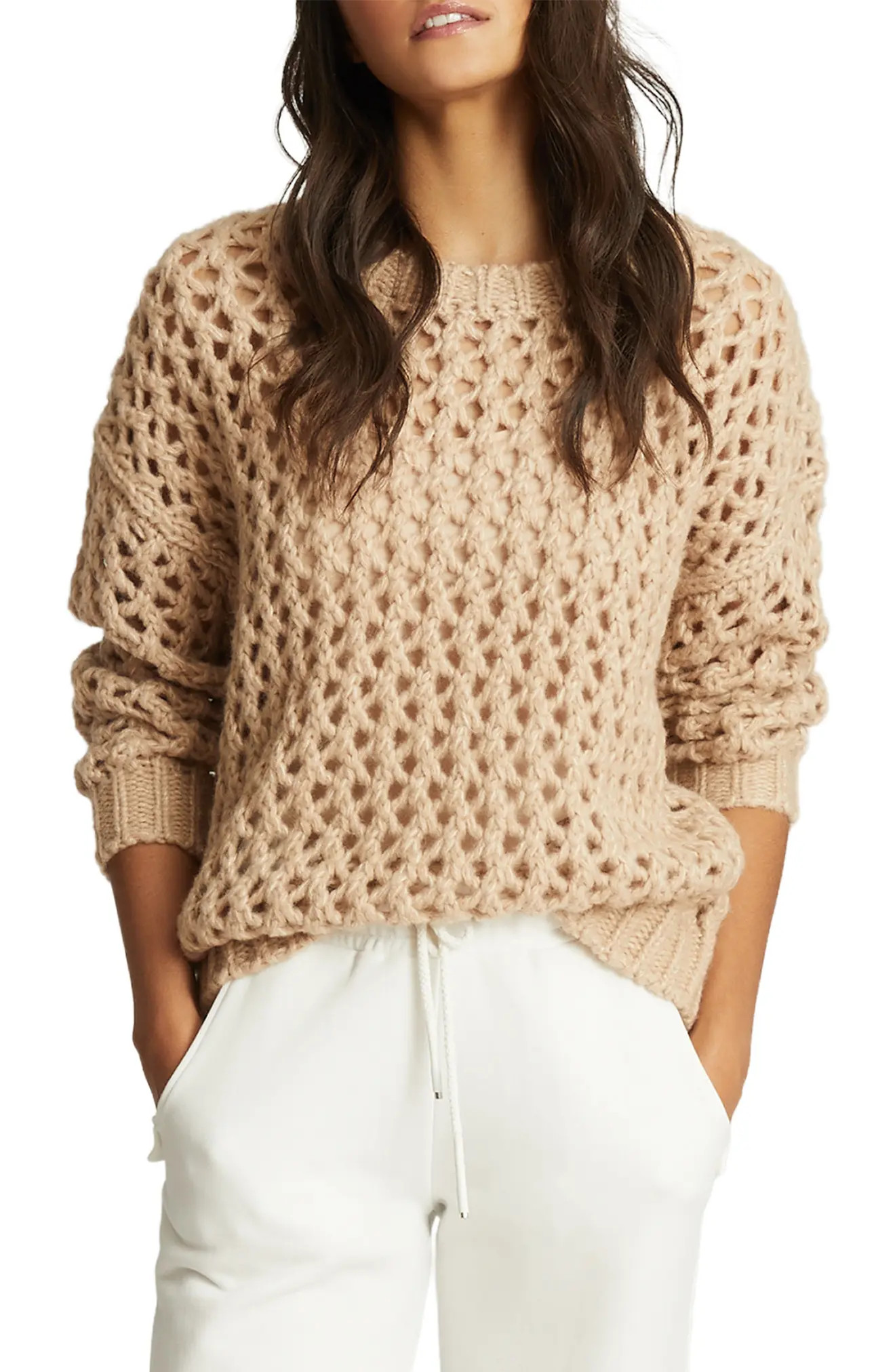 Women's Reiss Natalie Open Knit Crewneck Sweater, Size X-Large - Beige | Nordstrom