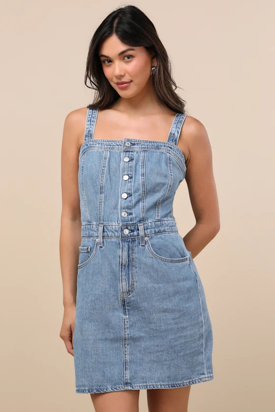 Iconic Medium Wash Denim Button-Up Mini Dress | Lulus