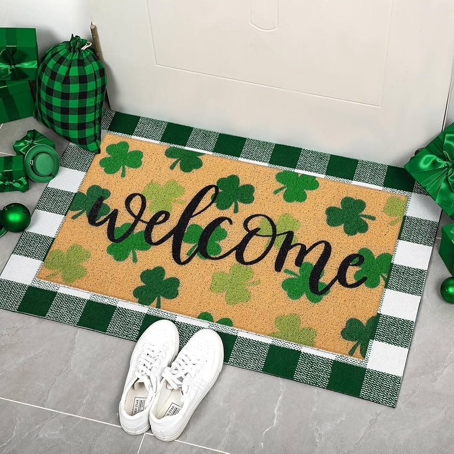 Tinideya 2 Pcs St. Patrick Day Door Mat Welcome Non Slip Coir Mats Clover Pattern Green White Pla... | Amazon (US)