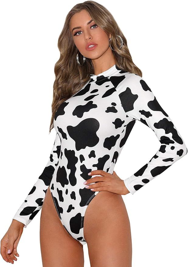 Romwe Women's Cow Print Mock-Neck High Leg Casual Bodysuit Jumpsuit Tops | Amazon (US)