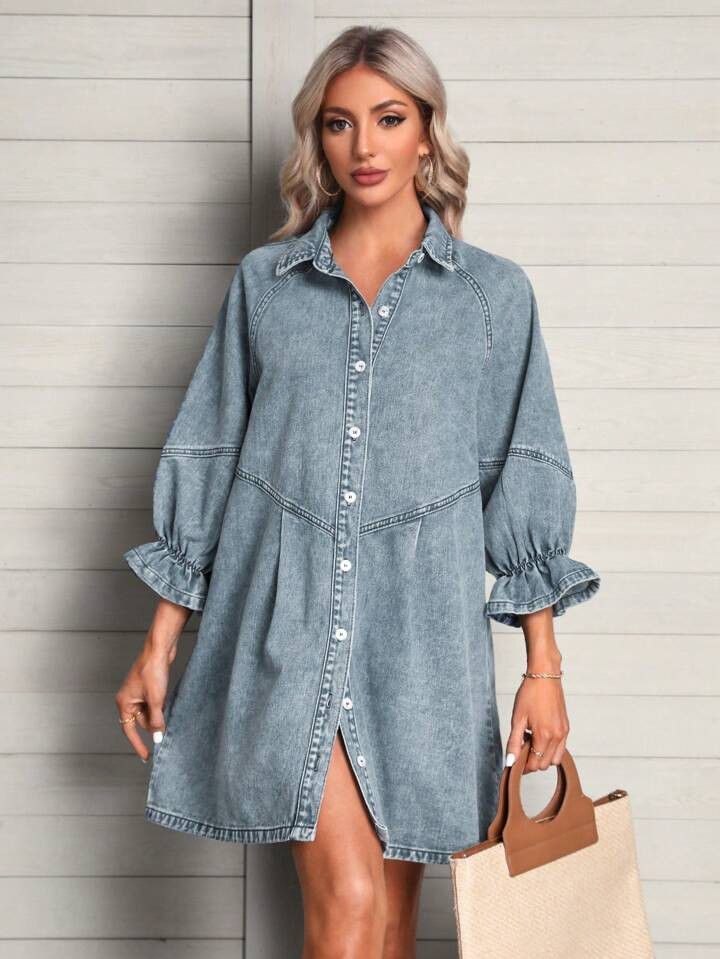 SHEIN LUNE Flounce Sleeve Button Front Denim Dress | SHEIN