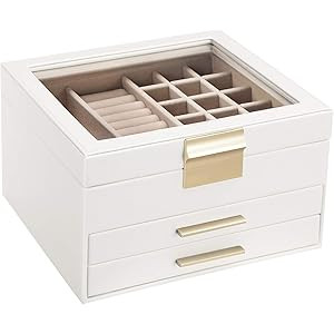 SONGMICS Jewelry Box with Glass Lid, 3-Layer Jewelry Organizer with 2 Drawers, for Loved Ones, Wh... | Amazon (US)