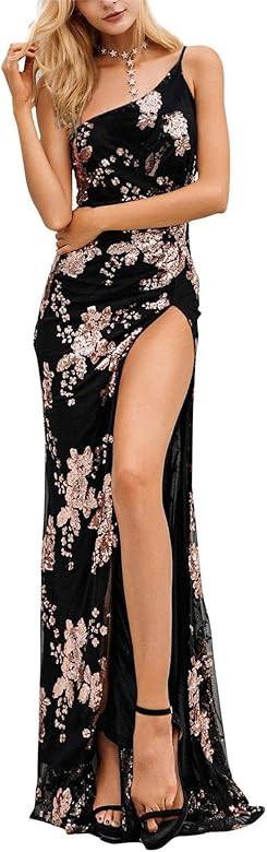 BerryGo Women's Sexy One Shoulder Backless Sequin Maxi Dress Slit Prom Party Dress Formal Evening... | Amazon (US)
