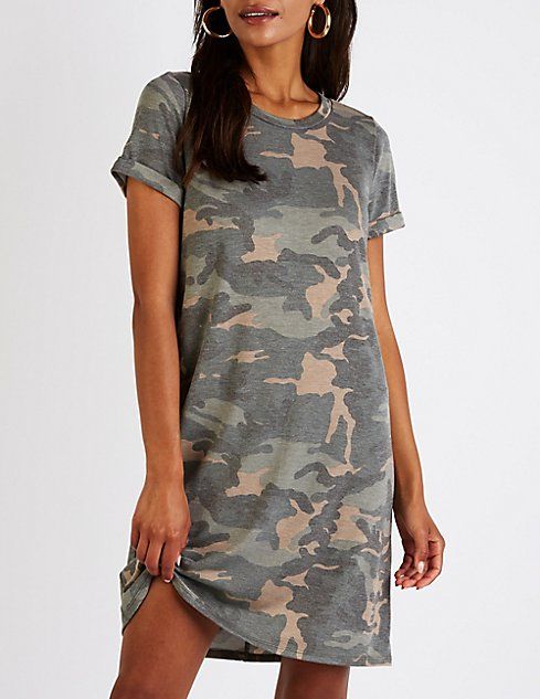 Camo T Shirt Dress Printed Caged Back Shift Dress Striped Caged Back Shift Dress Floral Pleated Shif | Charlotte Russe