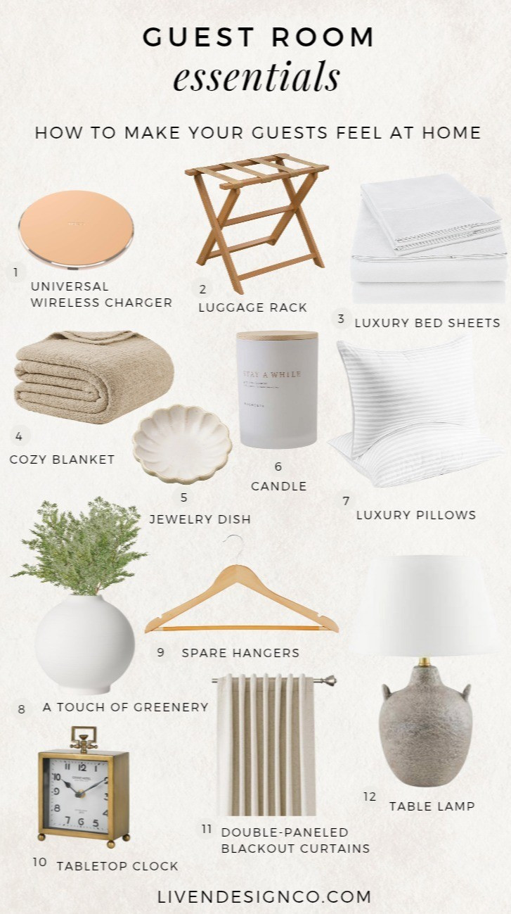 Guest bedroom essentials. Holidays. Spare bedroom. Luggage rack. Bed sheets. Wireless charger. Cozy blanket. Trinket jewelry dish. Bedside table. Candle. Vase. Bed pillows. Table lamp. Wood hangers. Alarm clock. Tabletop clock. Curtains. Blackout curtains. Window panels.

#LTKSeasonal #LTKHome #LTKSaleAlert