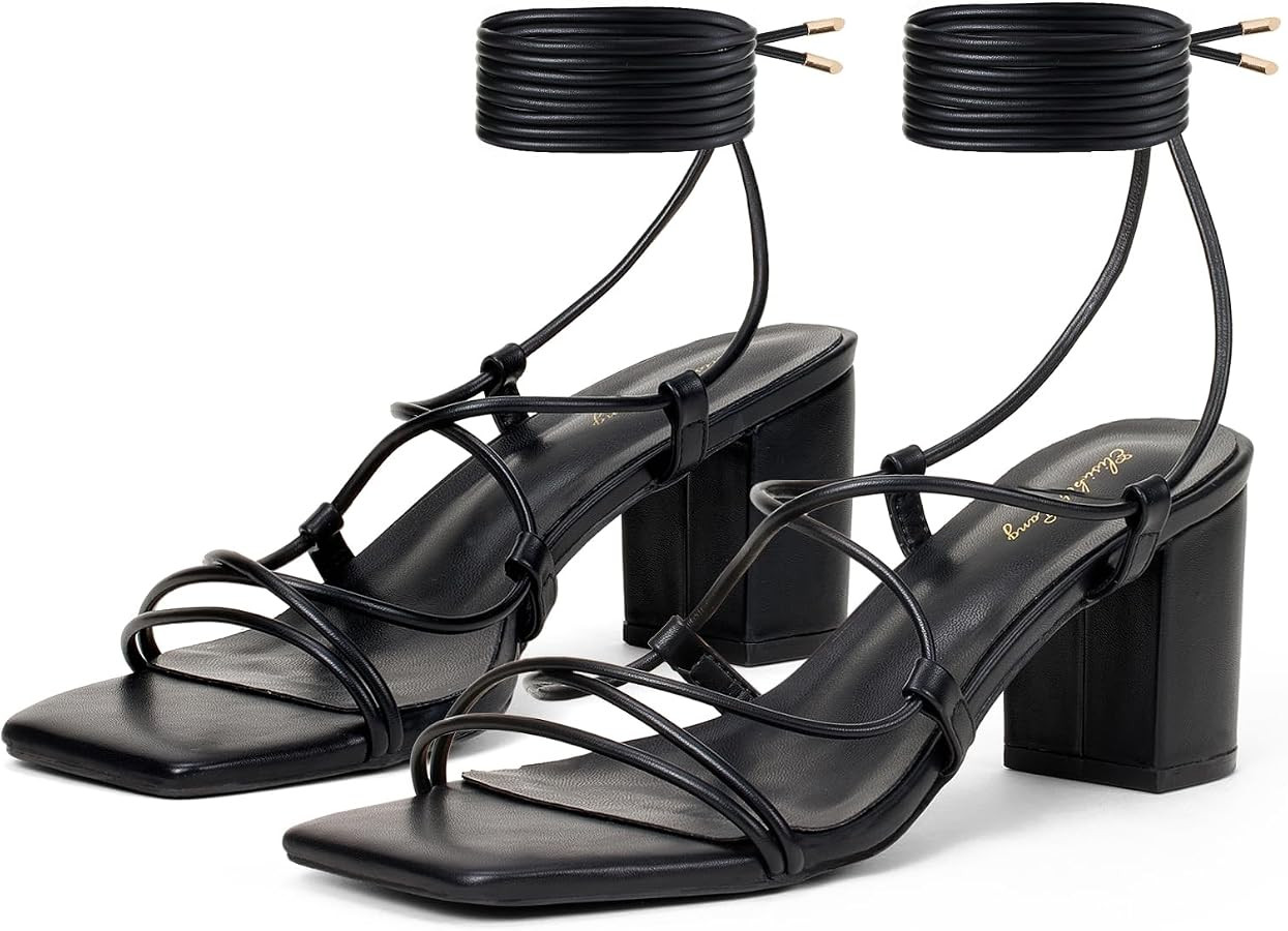 Elisabet Tang Women's High Heeled Sandals 2.4 Inches Chunky Strappy Lace Up Block Heels Square Op... | Amazon (US)