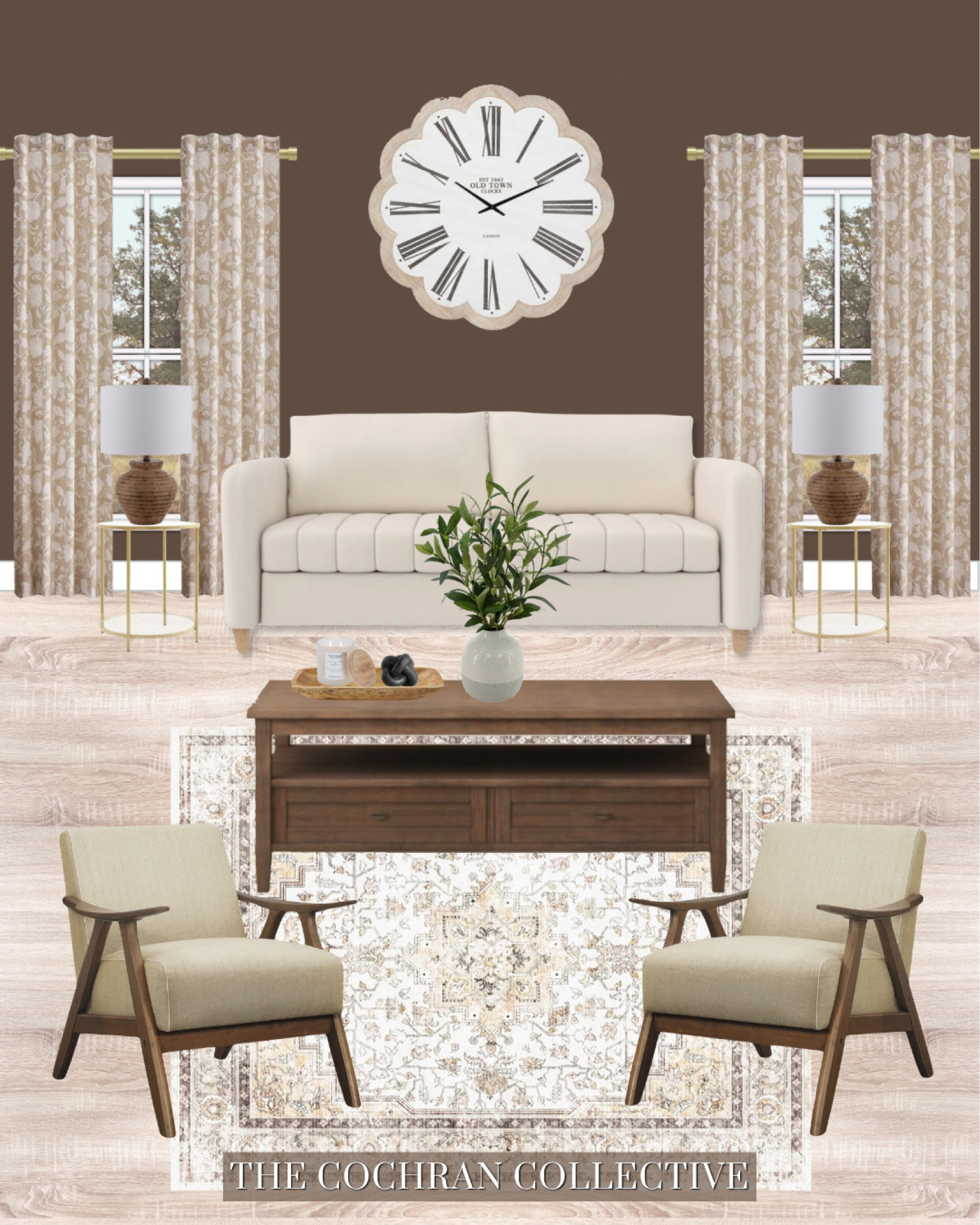 Brown wall paint color is Behr Roasted Nuts 🤎 

Brown and beige living room mood board, neutral living room, modern traditional living room decor, cream couch, wood clock, living room decor, brown walls

#LTKsalealert #LTKhome #LTKstyletip