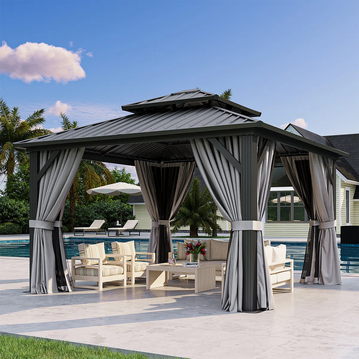 Aluminum Permanent Patio Gazebo with Double Roof | Wayfair North America