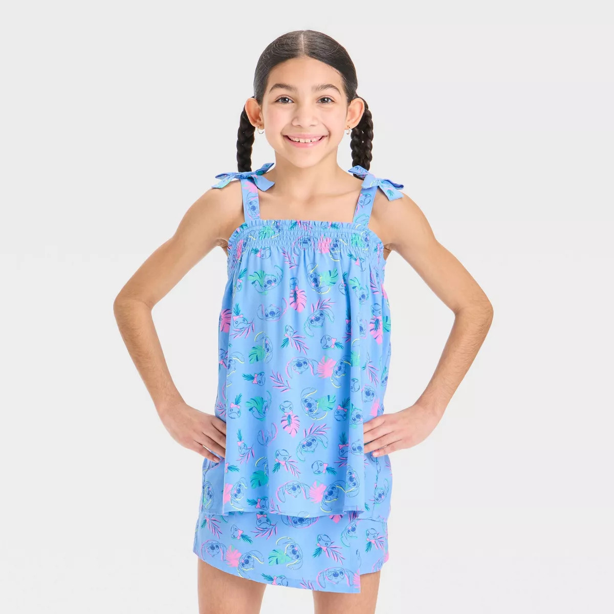 Girls' Disney Stitch Smocked Swing Tank Top with Tie Straps - Blue | Target