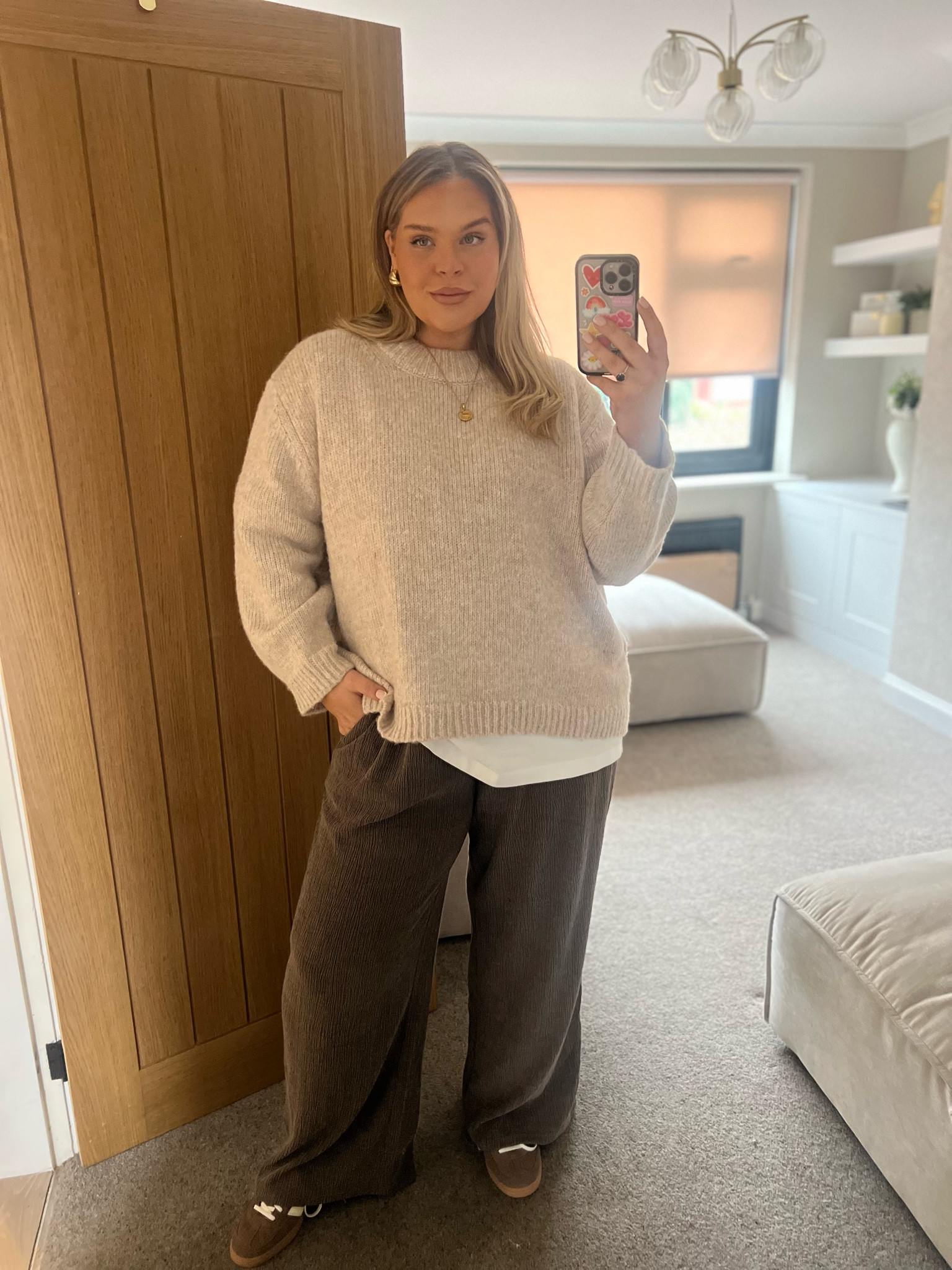 Comfy everyday outfit. Wide leg trousers. Knitted jumper. Cream. Chocolate mousse. Adidas spezials brown. Neutral style. Mum style. Comfy style. Midsize outfit. Curve outfit. Size 18. Maternity outfit.

#LTKmaternity #LTKuk #LTKcurves