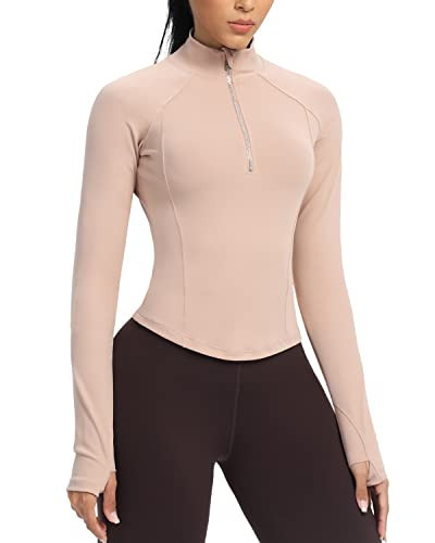 GYM RAINBOW Women's Workout Jackets Half Zip Pullover Athletic Gym Shirts Long Sleeve Workout Tops(#1 Pink Nude,X-Large) | Amazon (US)