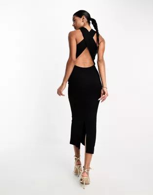 ASOS DESIGN high neck minimal halter midi dress with cross back in black | ASOS | ASOS (Global)
